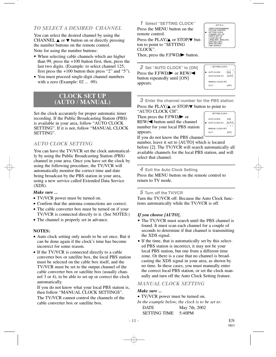 Clock set up (auto / manual), Auto clock setting, Manual clock setting | Emerson EWC1302 User Manual | Page 11 / 32