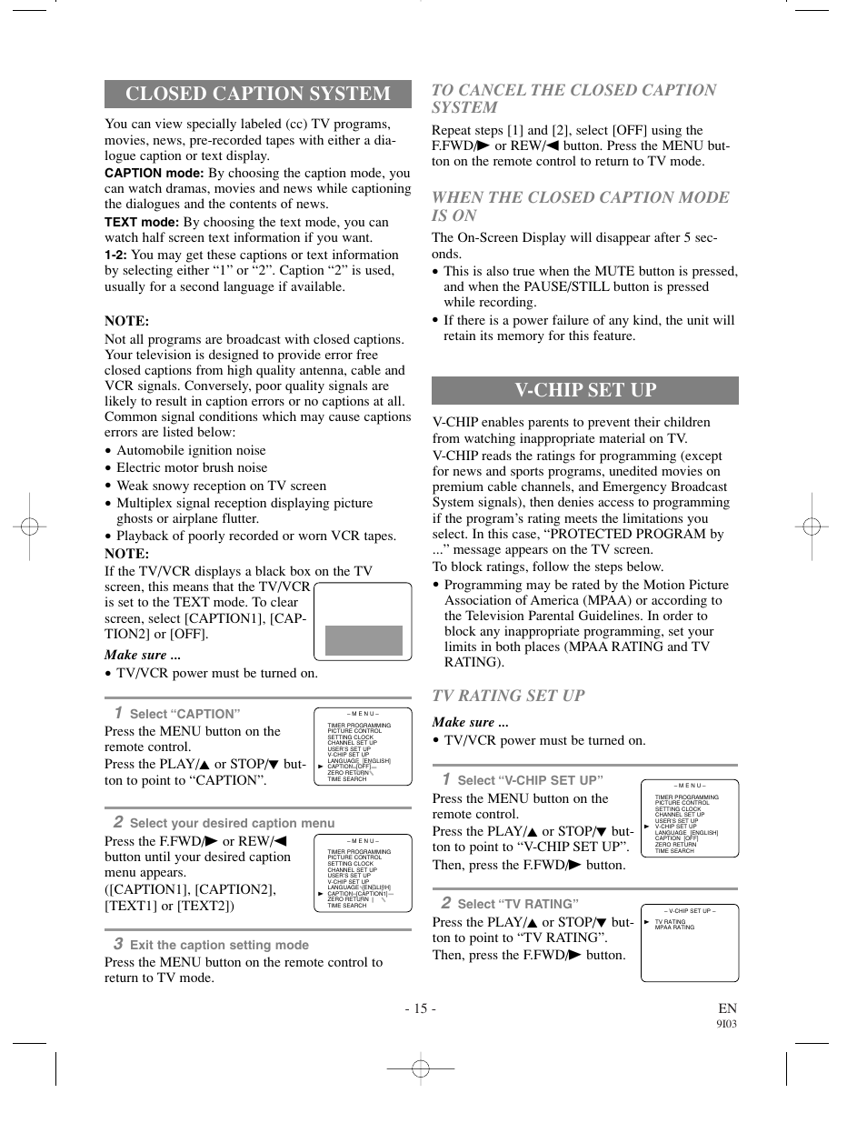 Closed caption system, V-chip set up, When the closed caption mode is on | Tv rating set up | Emerson EWC1302 User Manual | Page 15 / 32