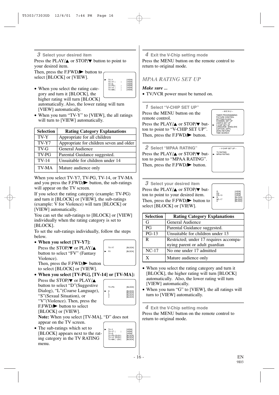 Mpaa rating set up, 16 - en, Make sure | Tv/vcr power must be turned on | Emerson EWC1302 User Manual | Page 16 / 32