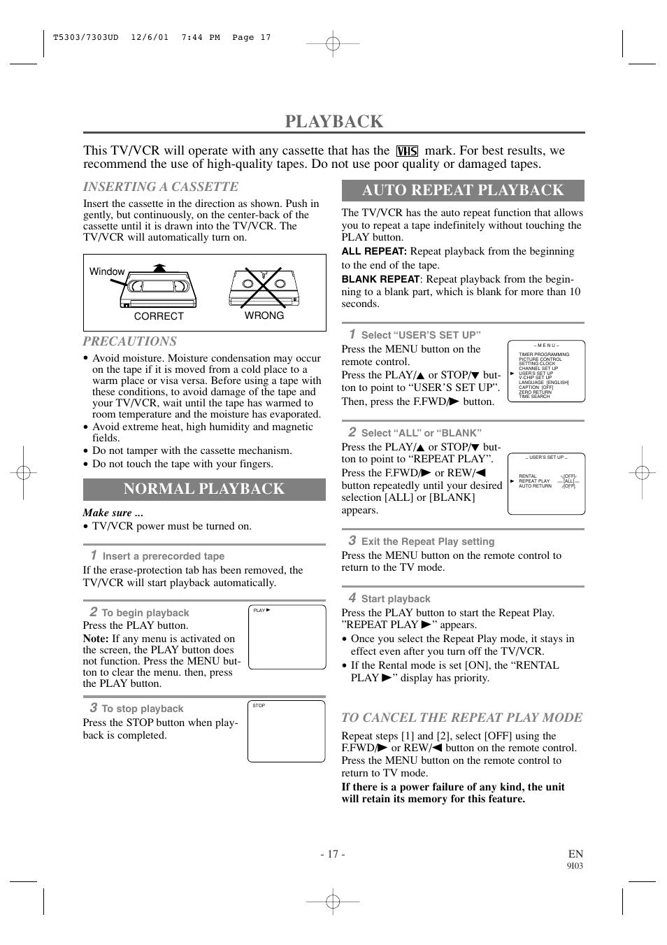 Playback, Auto repeat playback, Normal playback | Inserting a cassette, Precautions | Emerson EWC1302 User Manual | Page 17 / 32