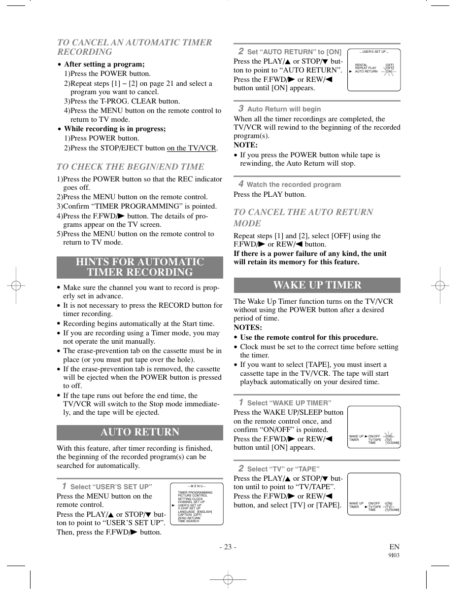 Hints for automatic timer recording, Auto return, Wake up timer | Emerson EWC1302 User Manual | Page 23 / 32