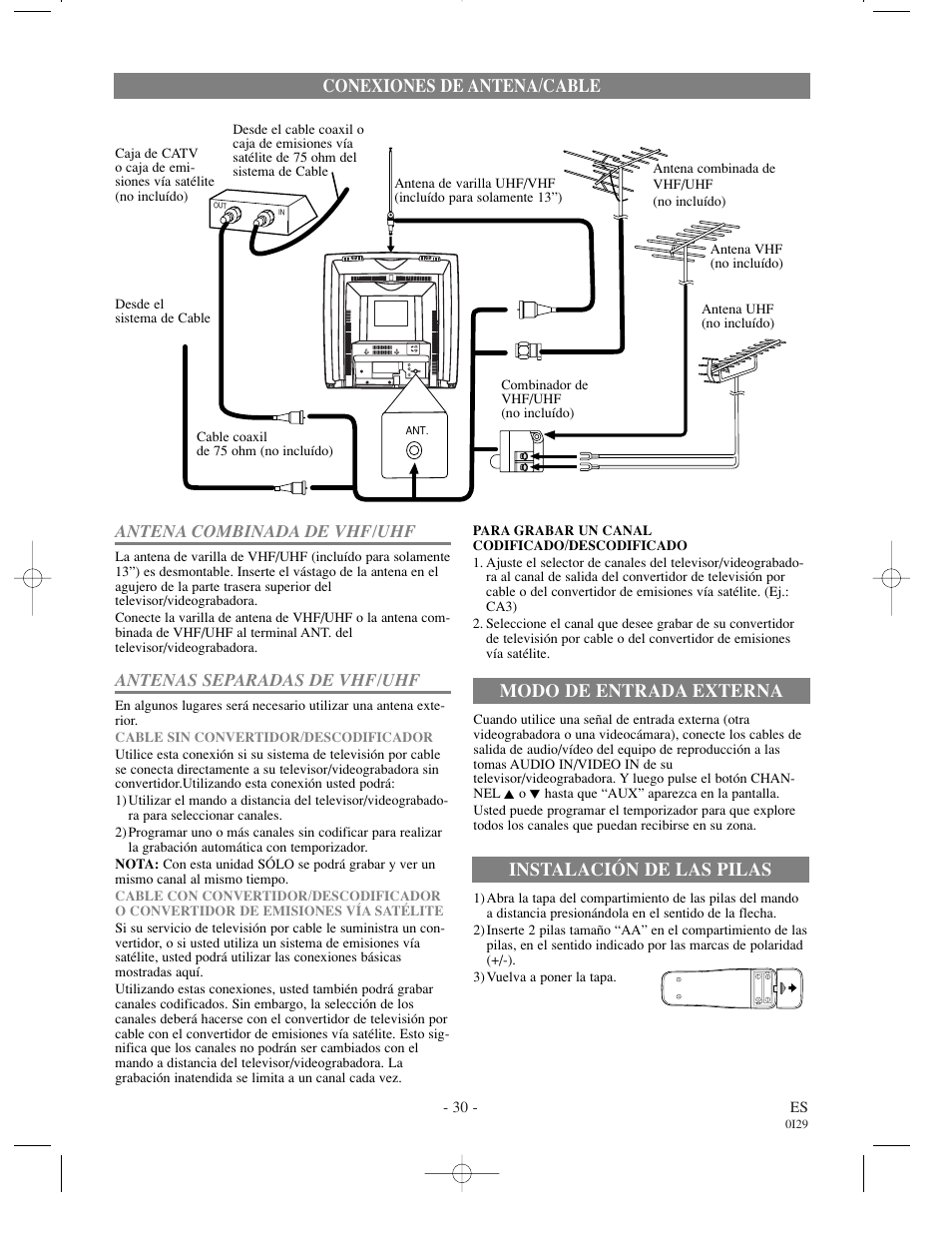 Conexiones de antena/cable, Modo de entrada externa, Instalación de las pilas | Antena combinada de vhf/uhf, Antenas separadas de vhf/uhf | Emerson EWC1302 User Manual | Page 30 / 32