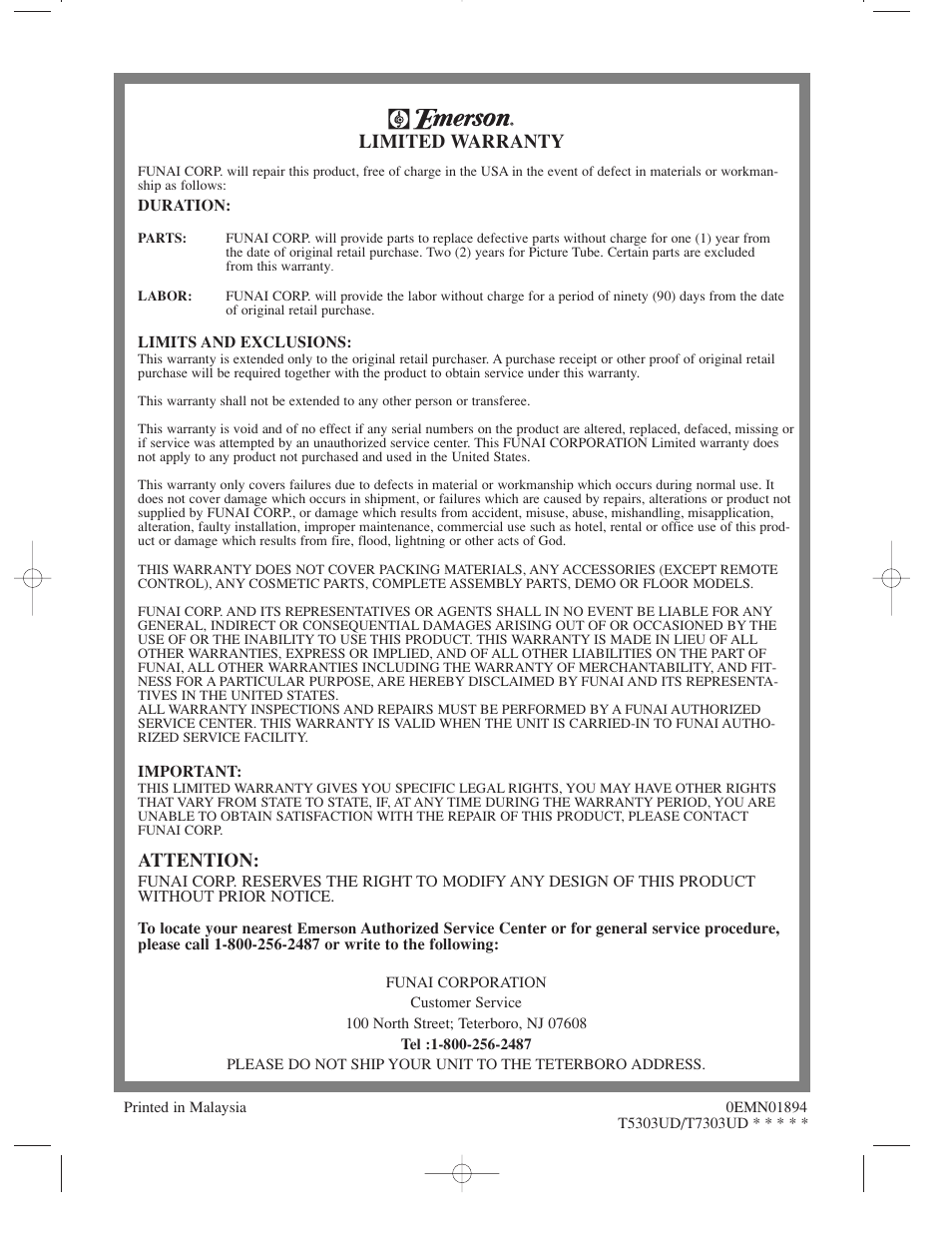 Limited warranty, Attention | Emerson EWC1302 User Manual | Page 32 / 32