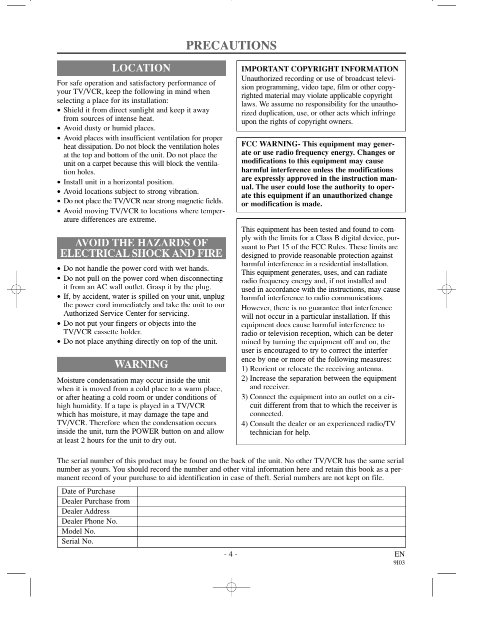 Precautions, Avoid the hazards of electrical shock and fire, Location | Warning | Emerson EWC1302 User Manual | Page 4 / 32
