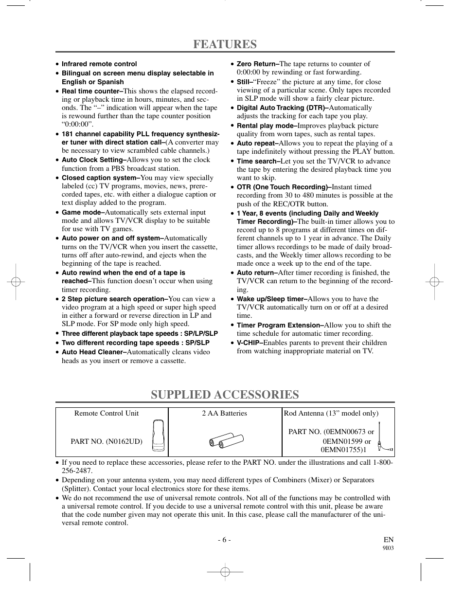 Features, Supplied accessories | Emerson EWC1302 User Manual | Page 6 / 32