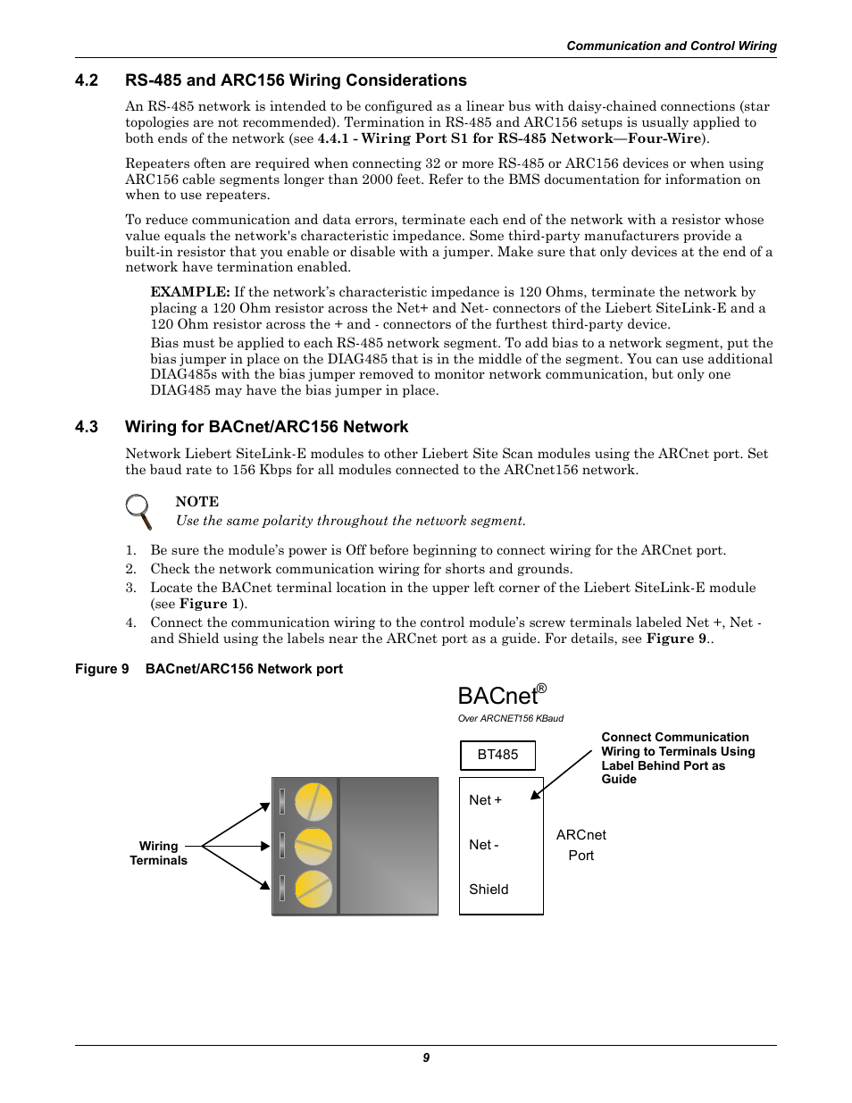 2 rs-485 and arc156 wiring considerations, 3 wiring for bacnet/arc156 network, Figure 9 bacnet/arc156 network port | Rs-485 and arc156 wiring considerations, Wiring for bacnet/arc156 network, Figure 9, Bacnet/arc156 network port, Bacnet | Emerson SiteLink-12E User Manual | Page 13 / 24