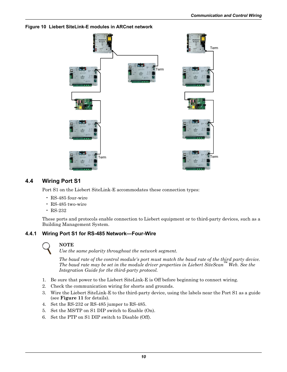 4 wiring port s1, 1 wiring port s1 for rs-485 network-four-wire, Wiring port s1 | Wiring port s1 for rs-485 network—four-wire | Emerson SiteLink-12E User Manual | Page 14 / 24