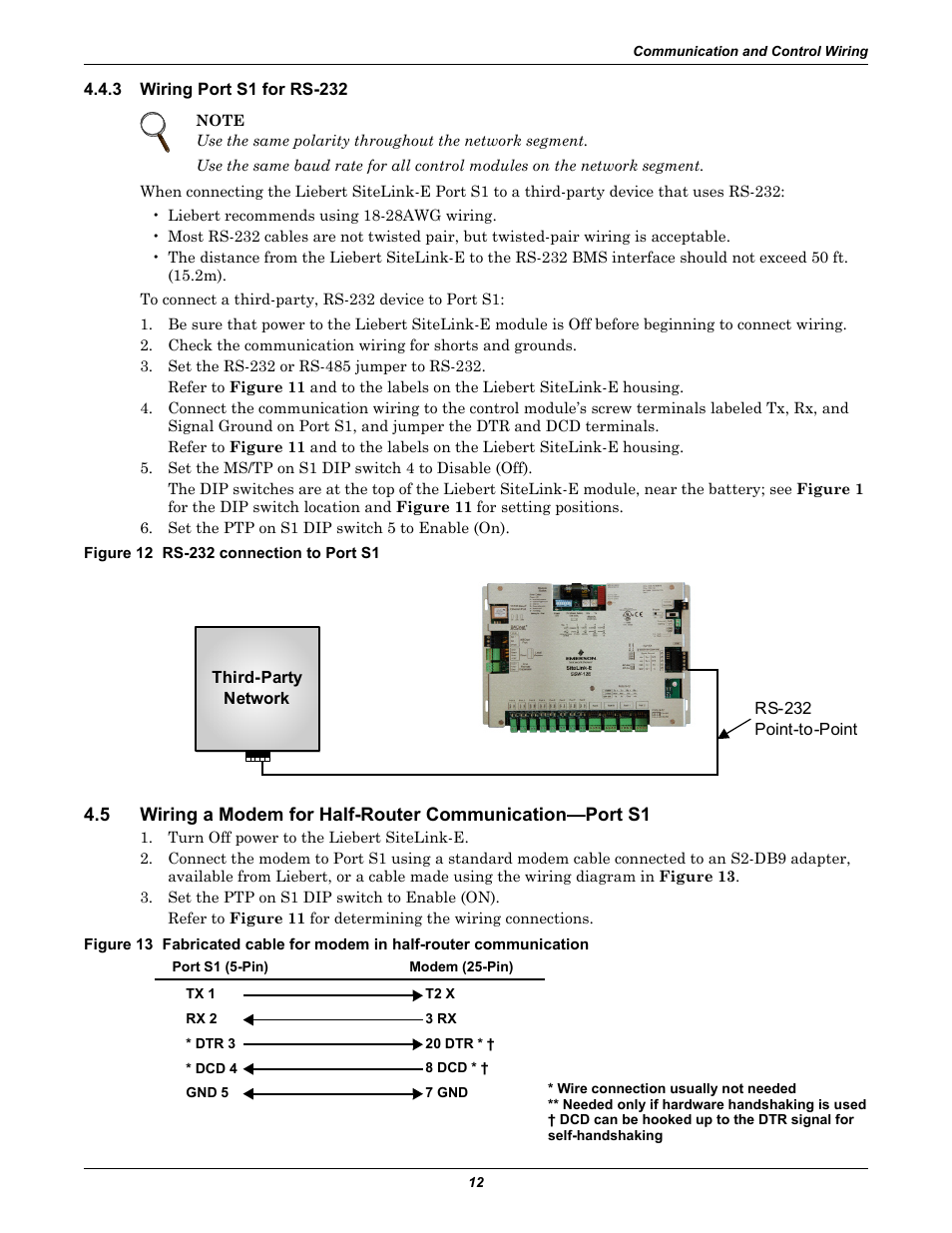3 wiring port s1 for rs-232, Figure 12 rs-232 connection to port s1, Wiring port s1 for rs-232 | Emerson SiteLink-12E User Manual | Page 16 / 24