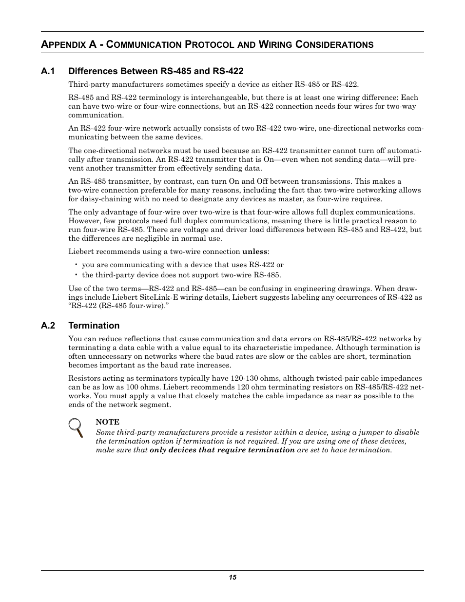 A.1 differences between rs-485 and rs-422, A.2 termination, Ppendix | A - c, Ommunication, Rotocol, Iring, Onsiderations, Differences between rs-485 and rs-422, Termination | Emerson SiteLink-12E User Manual | Page 19 / 24