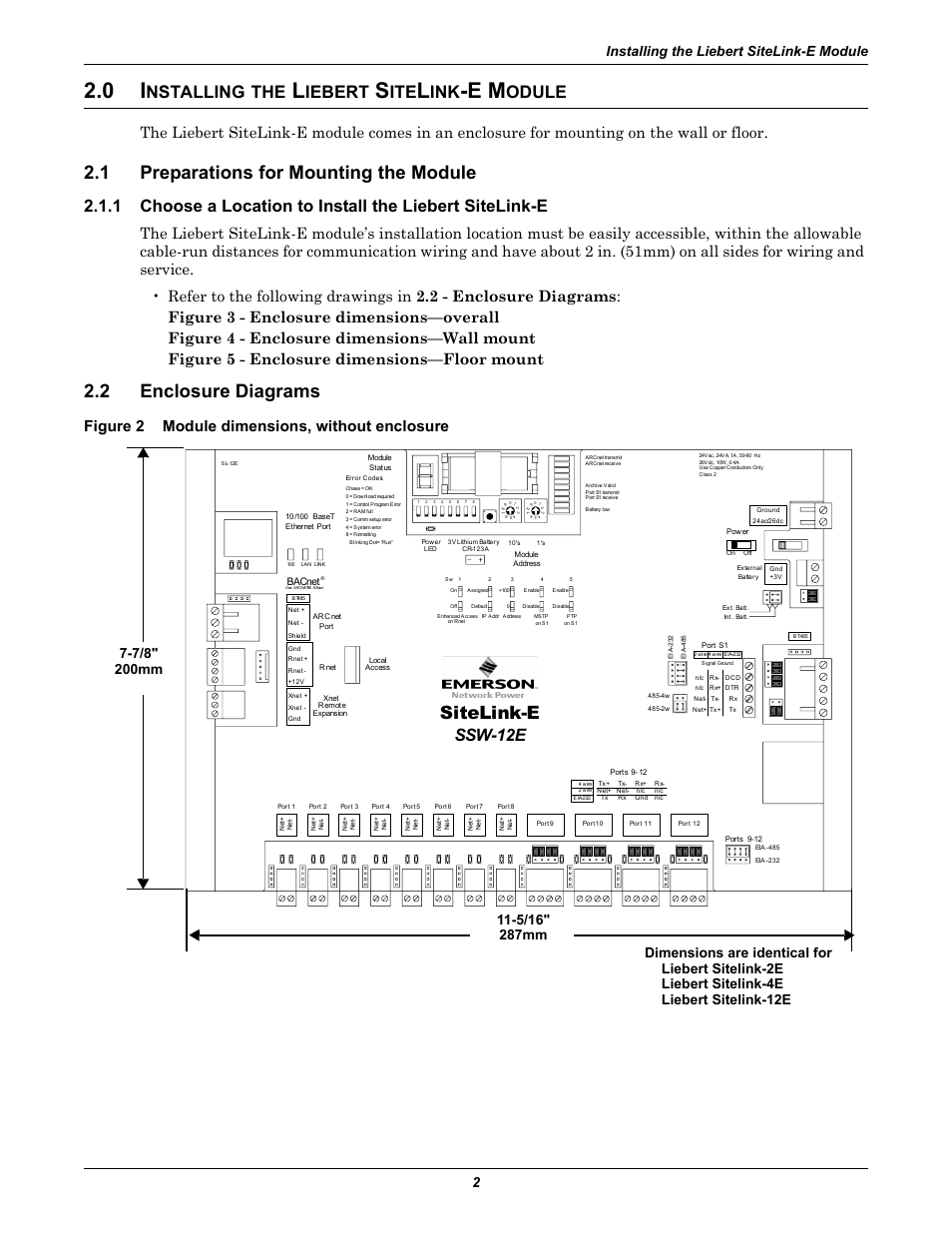 0 installing the liebert sitelink-e module, 1 preparations for mounting the module, 2 enclosure diagrams | Figure 2 module dimensions, without enclosure, Nstalling, Iebert, Odule, Preparations for mounting the module, Enclosure diagrams, Figure 2 | Emerson SiteLink-12E User Manual | Page 6 / 24