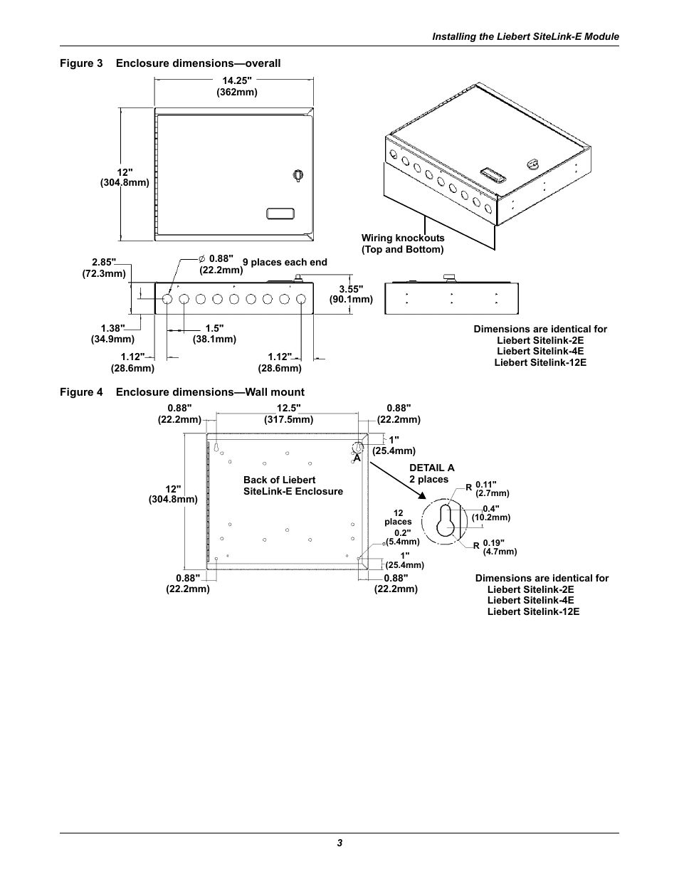 Figure 3 enclosure dimensions-overall, Figure 4 enclosure dimensions-wall mount, Figure 3 | Enclosure dimensions—overall, Figure 4, Enclosure dimensions—wall mount | Emerson SiteLink-12E User Manual | Page 7 / 24