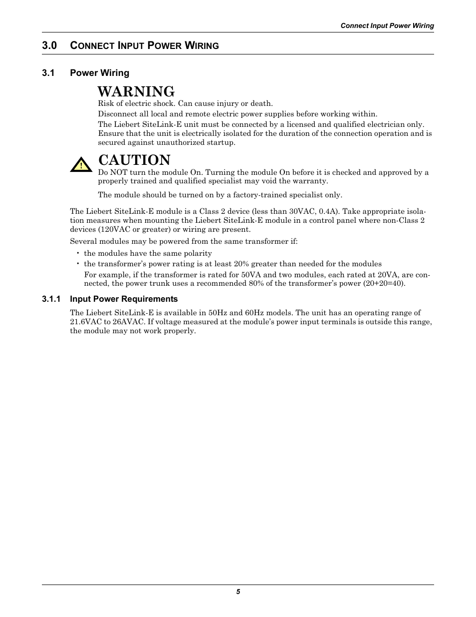 0 connect input power wiring, 1 power wiring, 1 input power requirements | Onnect, Nput, Ower, Iring, Power wiring, Input power requirements, Warning | Emerson SiteLink-12E User Manual | Page 9 / 24