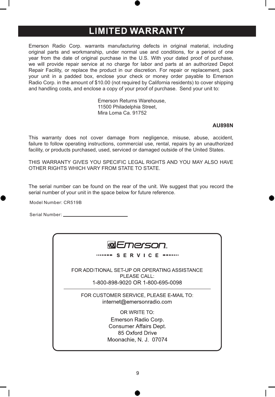 Emerson Radio CR519B User Manual | Page 11 / 12