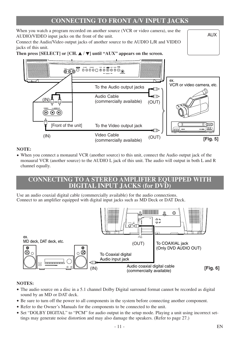 Connecting to front a/v input jacks, 11 - en, Fig. 6 | Fig. 5, Front of the unit | Emerson EWC20D5 User Manual | Page 11 / 40