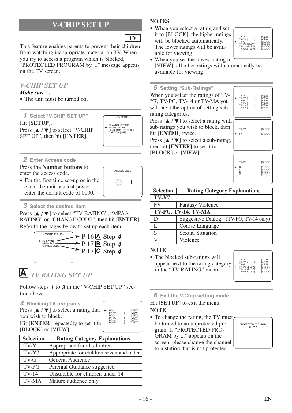 V-chip set up, Tv rating set up, Make sure | The unit must be turned on, Press the number buttons to enter the access code, A b c | Emerson EWC20D5 User Manual | Page 16 / 40