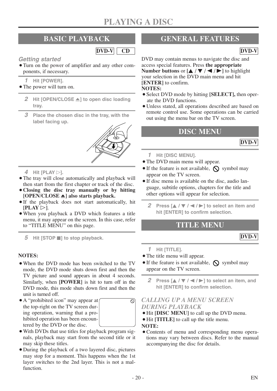 Playing a disc, Basic playback, General features | Title menu, Disc menu, Calling up a menu screen during playback | Emerson EWC20D5 User Manual | Page 20 / 40