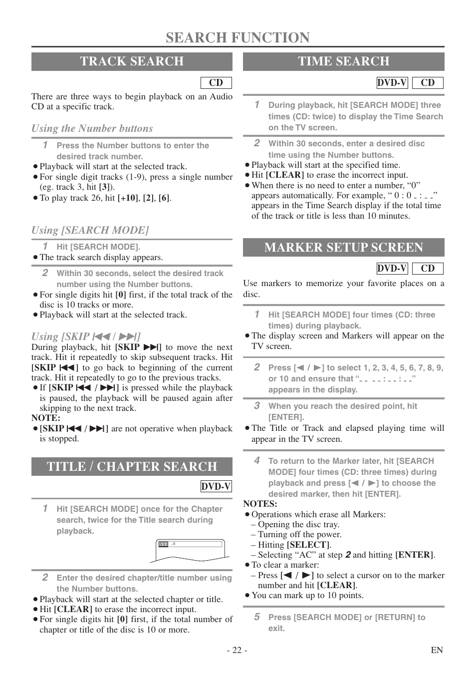Search function, Track search, Title / chapter search | Time search, Marker setup screen, Using the number buttons, Using [search mode, Using [skip h / g | Emerson EWC20D5 User Manual | Page 22 / 40