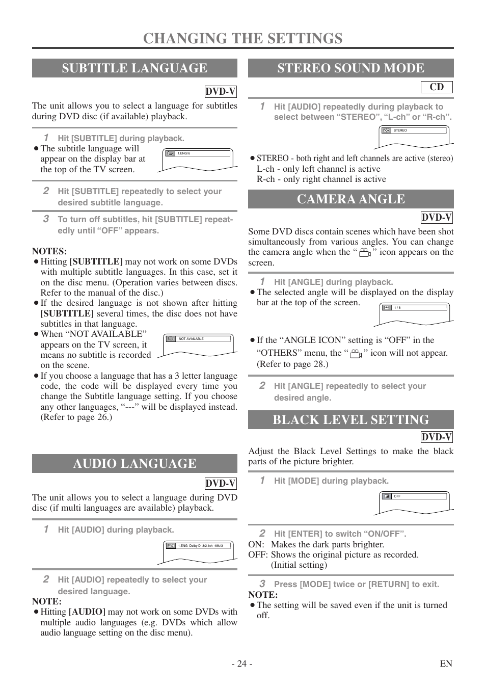 Changing the settings, Audio language, Stereo sound mode | Subtitle language camera angle, Black level setting | Emerson EWC20D5 User Manual | Page 24 / 40