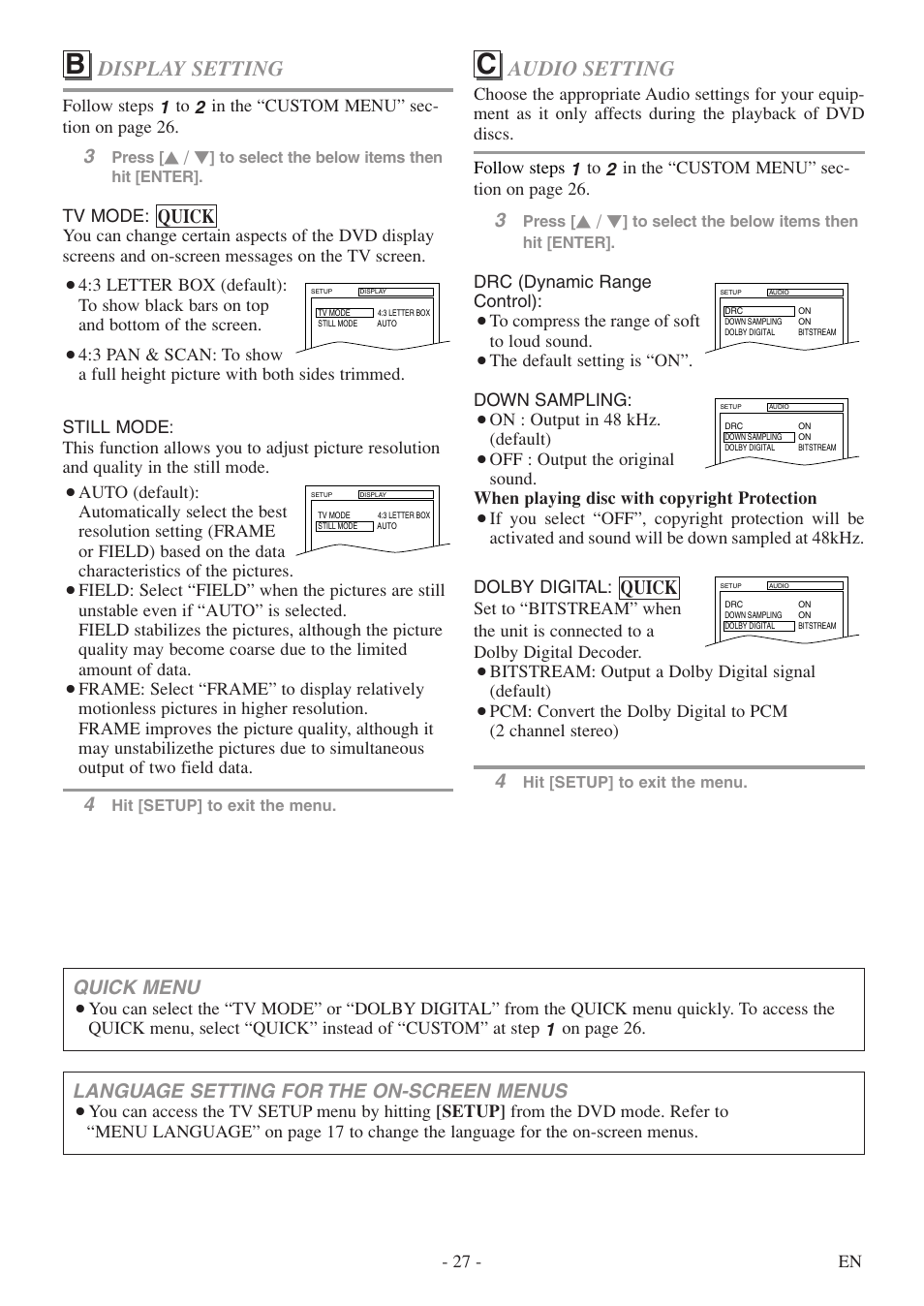 Audio setting, Display setting, Quick | Language setting for the on-screen menus, Quick menu | Emerson EWC20D5 User Manual | Page 27 / 40