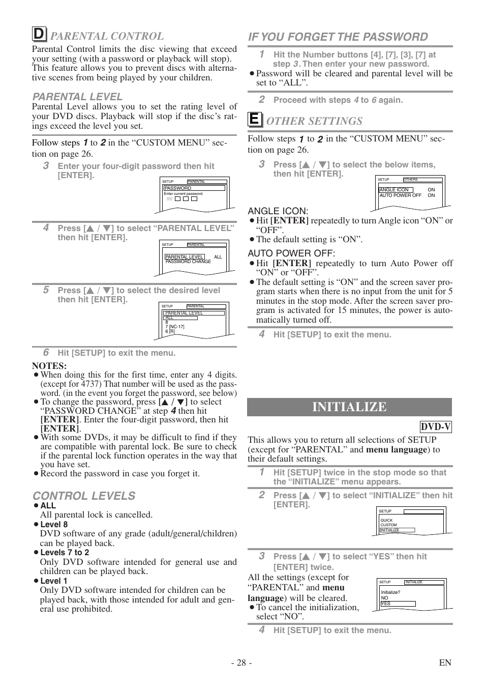 Initialize, Control levels, Parental control | If you forget the password, Other settings, Parental level, Dvd-v | Emerson EWC20D5 User Manual | Page 28 / 40