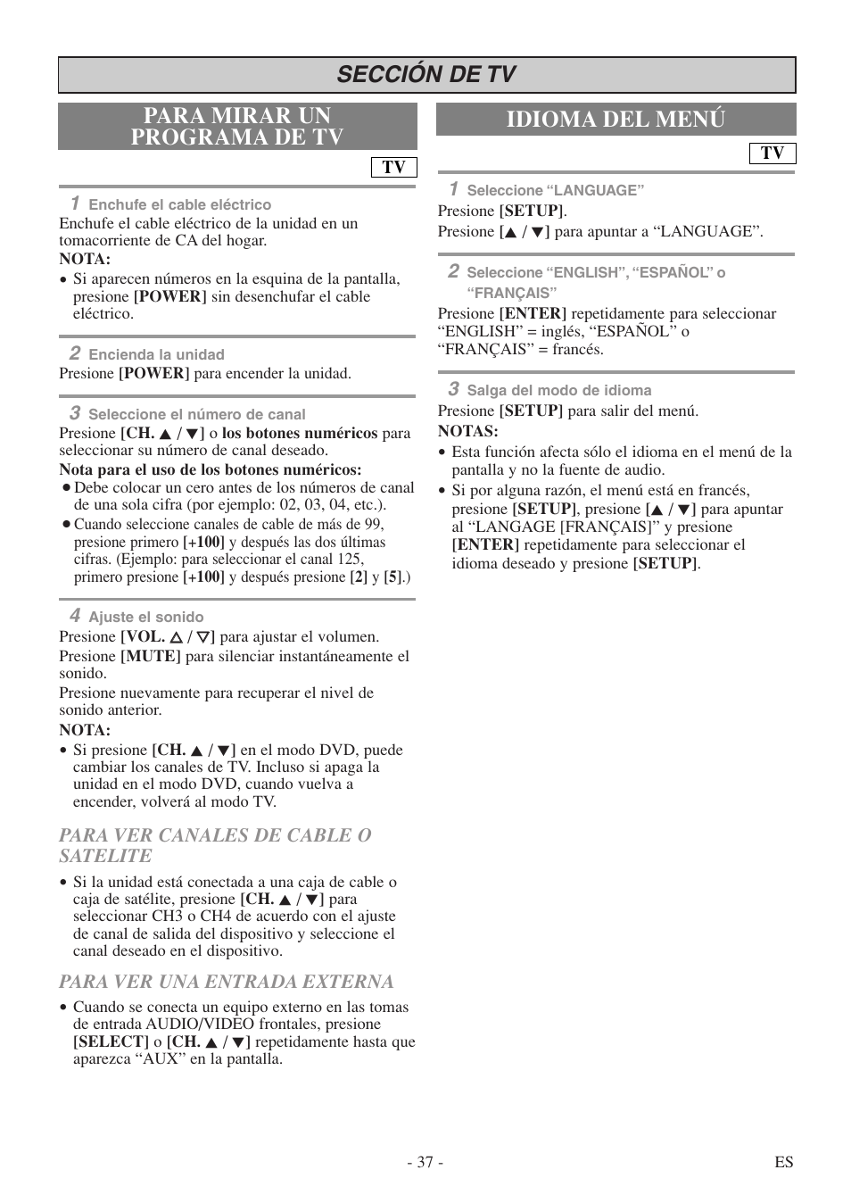 Idioma del menú, Sección de tv para mirar un programa de tv | Emerson EWC20D5 User Manual | Page 37 / 40