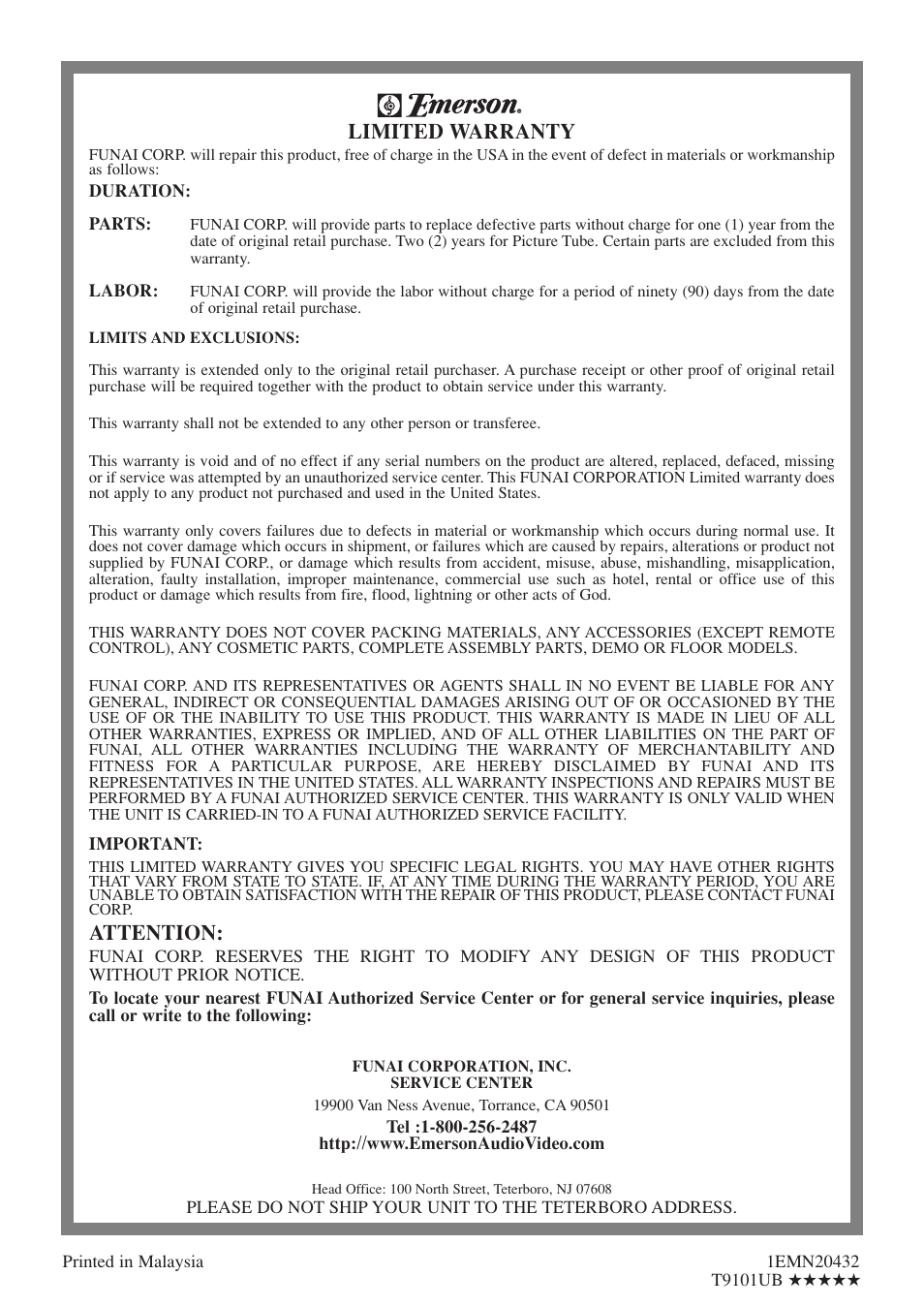Limited warranty, Attention | Emerson EWC20D5 User Manual | Page 40 / 40