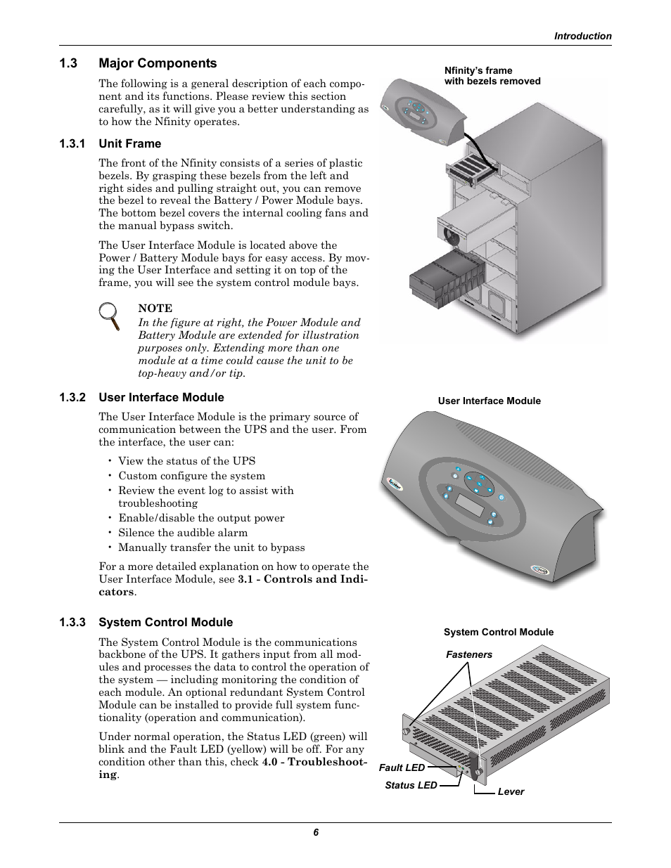 3 major components, 1 unit frame, 2 user interface module | 3 system control module, Major components, Unit frame, User interface module, System control module | Emerson Nfinity 208 User Manual | Page 10 / 44