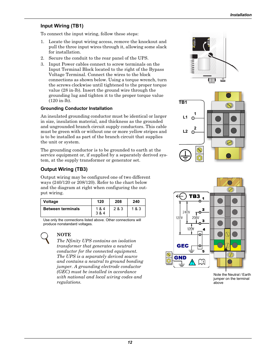 Input wiring (tb1), Output wiring (tb3) | Emerson Nfinity 208 User Manual | Page 16 / 44