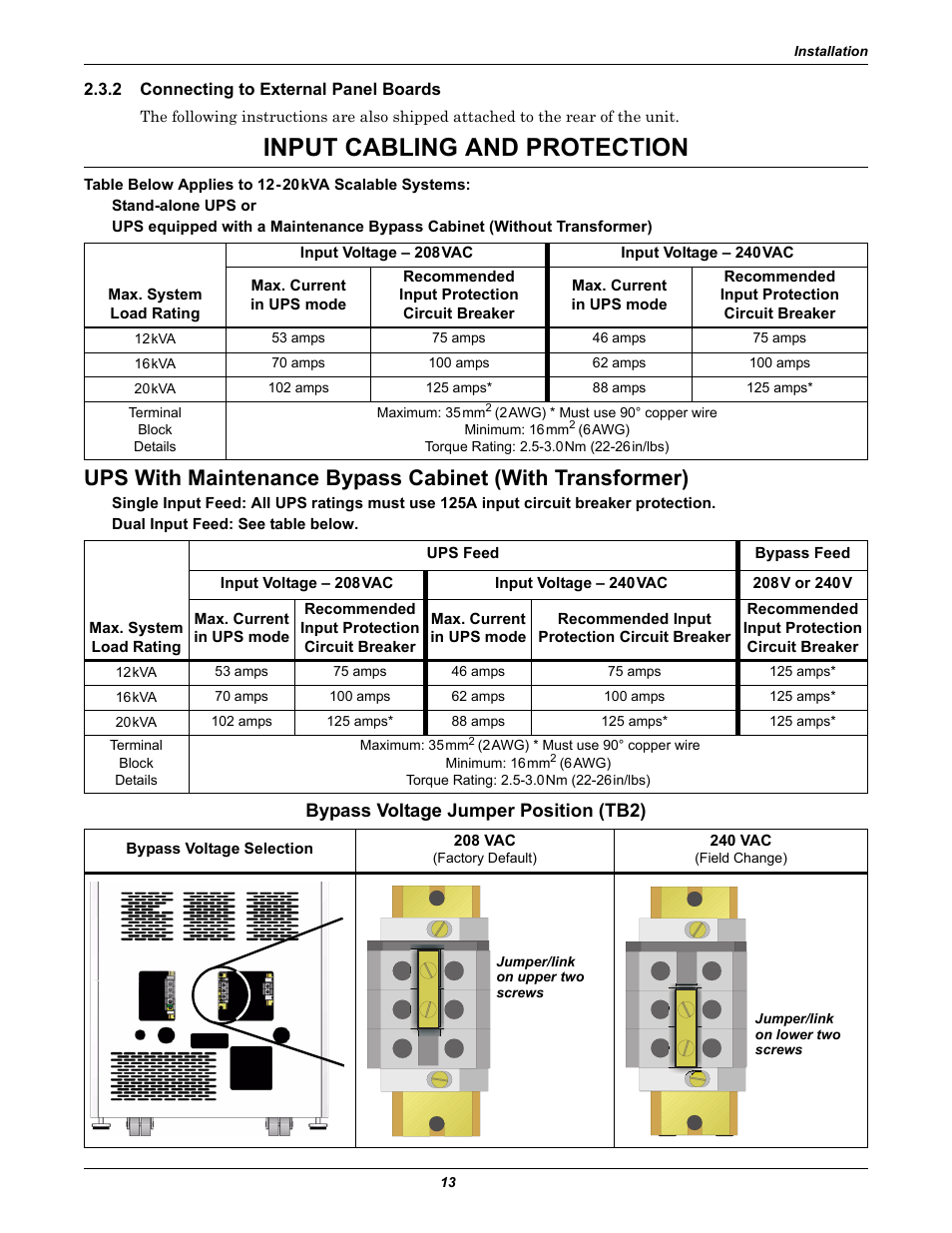 2 connecting to external panel boards, Input cabling and protection, Bypass voltage jumper position (tb2) | Emerson Nfinity 208 User Manual | Page 17 / 44