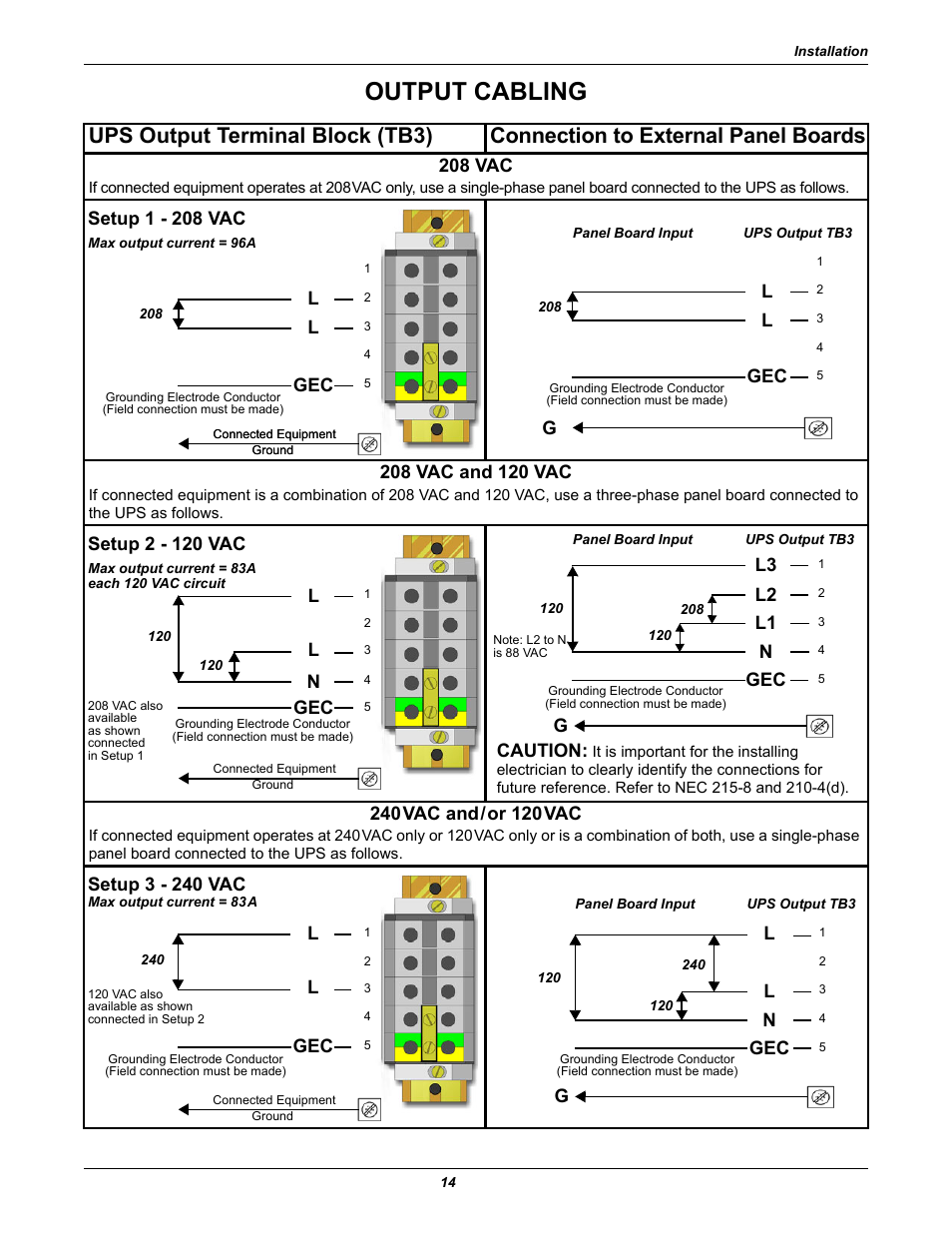 Output cabling, 208 vac, Setup 1 - 208 vac | L l gec, L l gec g, Setup 2 - 120 vac, Lgec, Caution, L2 gec n l1 l3, Setup 3 - 240 vac | Emerson Nfinity 208 User Manual | Page 18 / 44