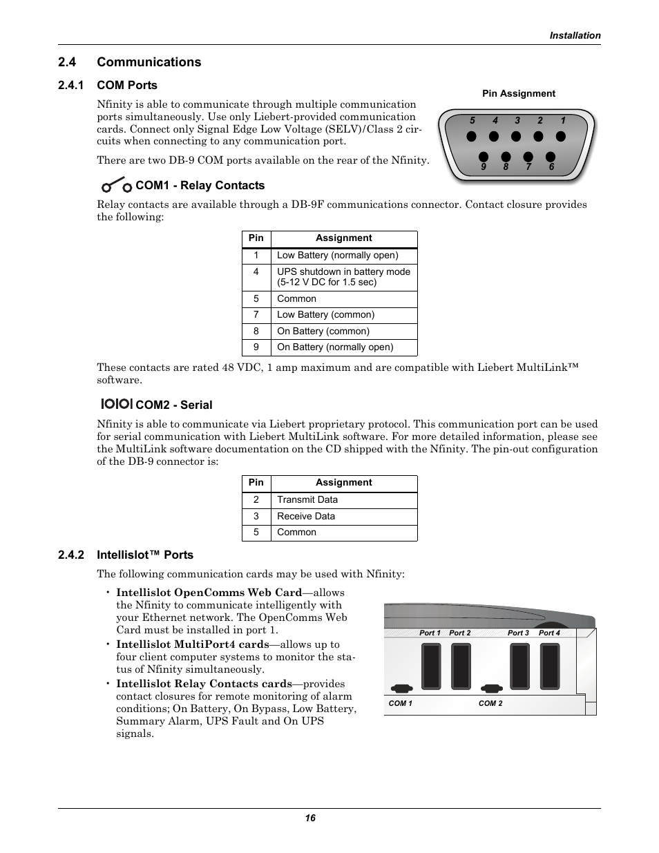 4 communications, 1 com ports, Com1 - relay contacts | Com2 - serial, 2 intellislot™ ports, Communications, Com ports, Intellislot™ ports | Emerson Nfinity 208 User Manual | Page 20 / 44