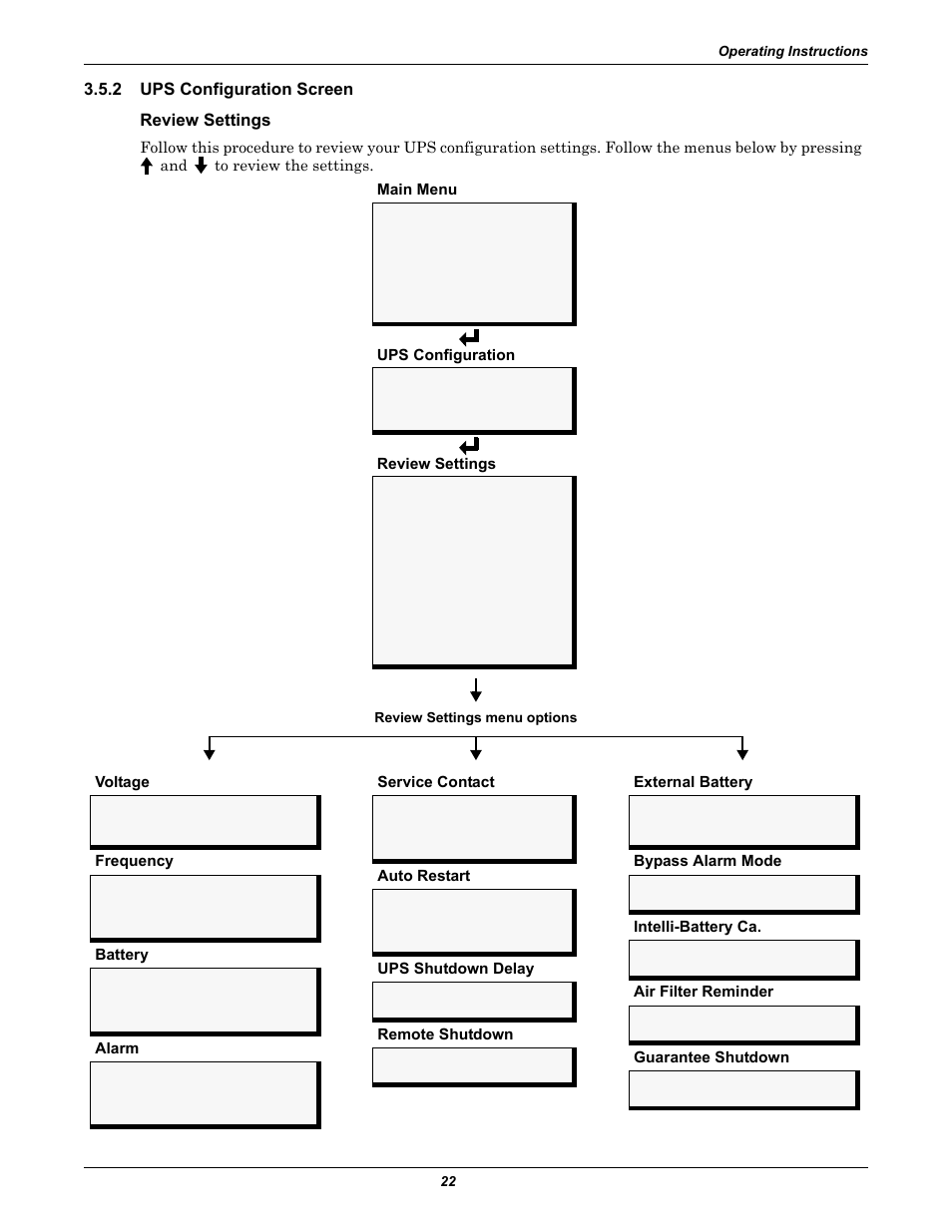 2 ups configuration screen, Review settings, Ups configuration screen | Emerson Nfinity 208 User Manual | Page 26 / 44