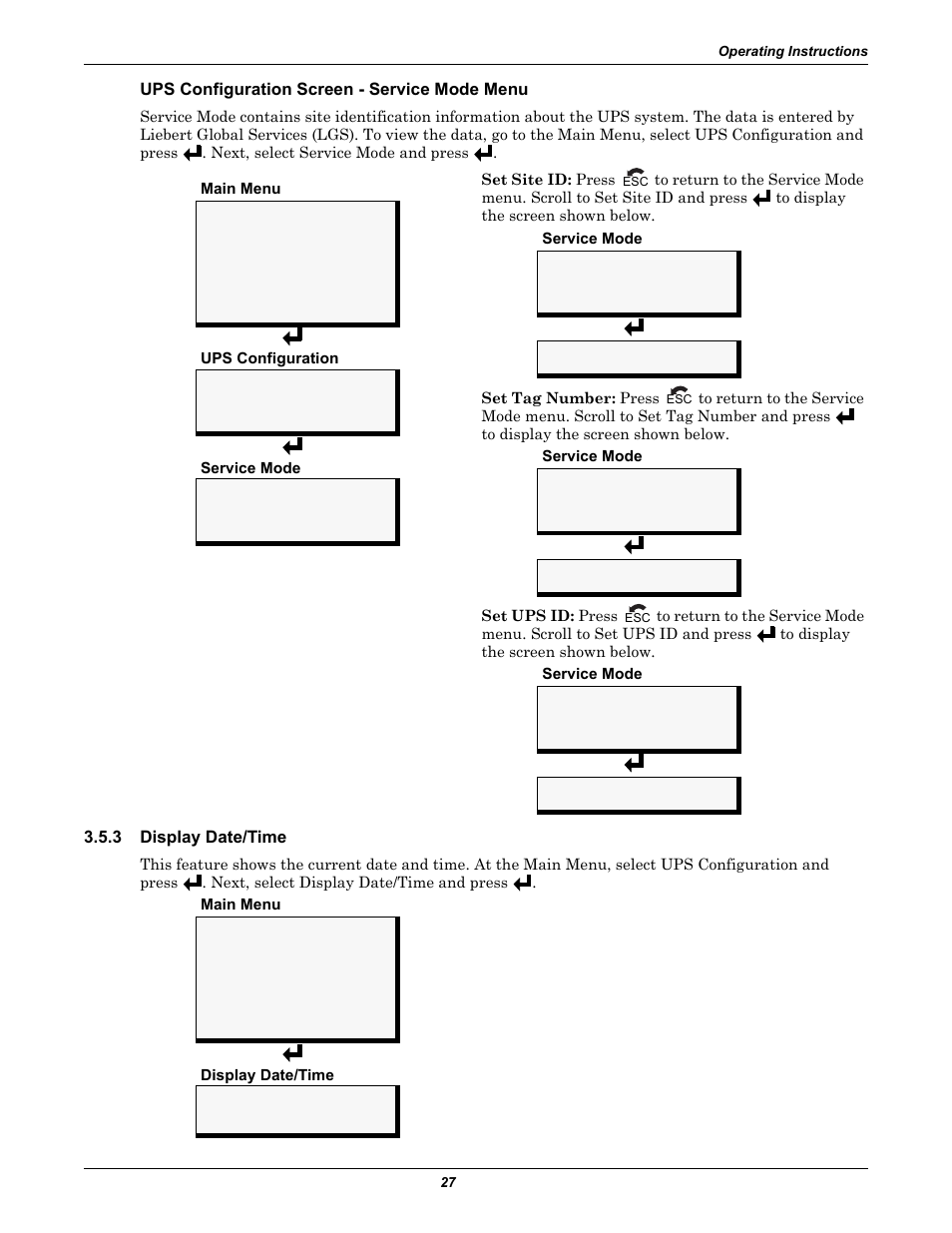 Ups configuration screen - service mode menu, 3 display date/time, Display date/time | Emerson Nfinity 208 User Manual | Page 31 / 44