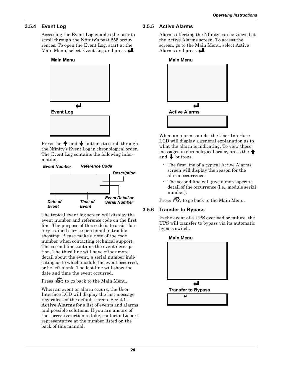 4 event log, 5 active alarms, 6 transfer to bypass | Event log, Active alarms, Transfer to bypass | Emerson Nfinity 208 User Manual | Page 32 / 44