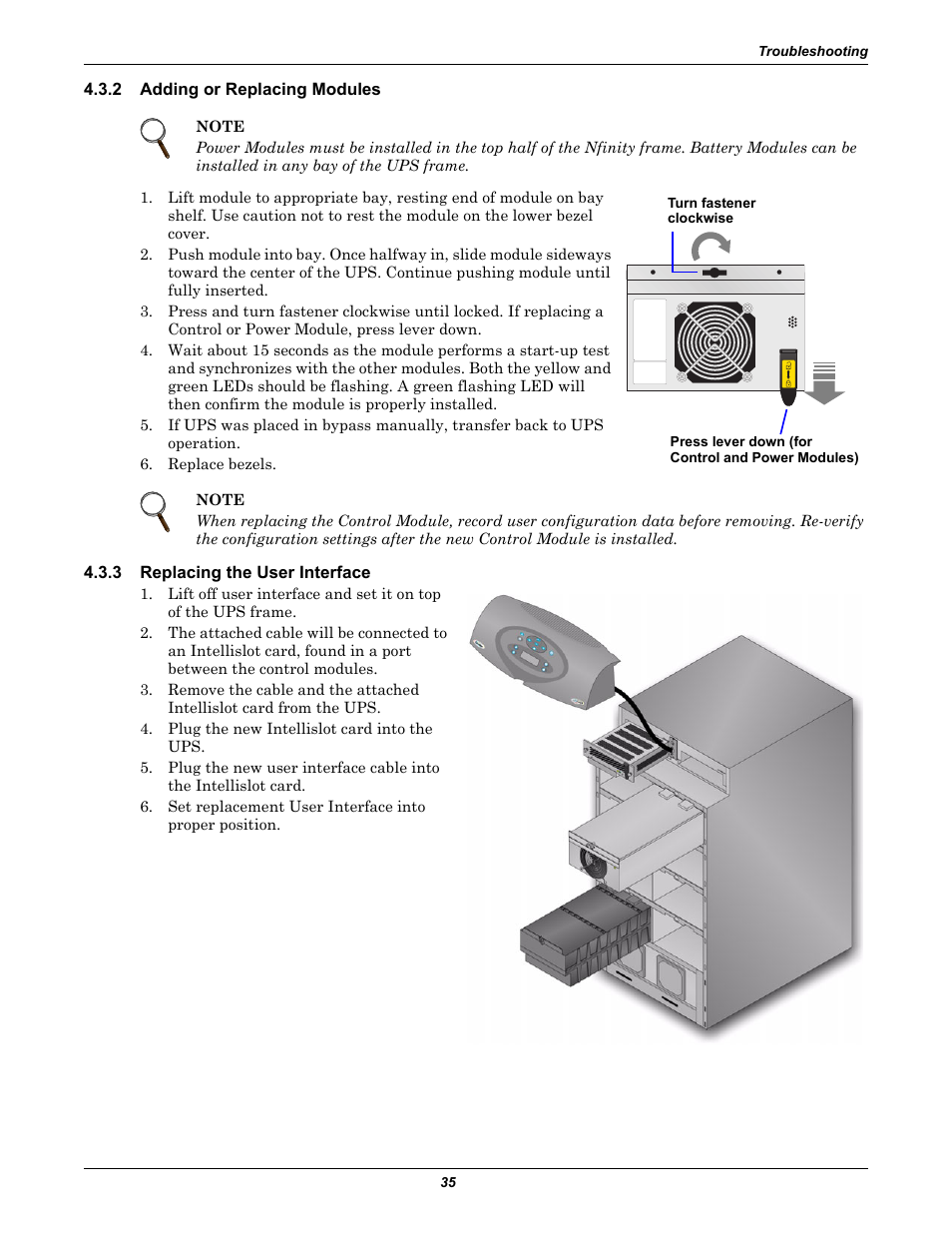 2 adding or replacing modules, 3 replacing the user interface, Adding or replacing modules | Replacing the user interface | Emerson Nfinity 208 User Manual | Page 39 / 44