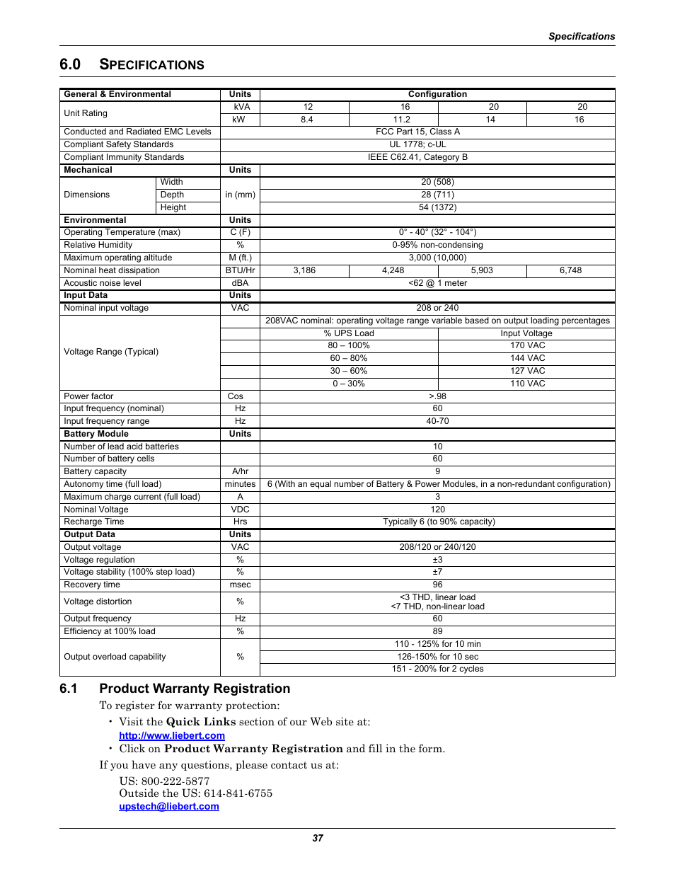 0 specifications, 1 product warranty registration, Pecifications | Product warranty registration | Emerson Nfinity 208 User Manual | Page 41 / 44