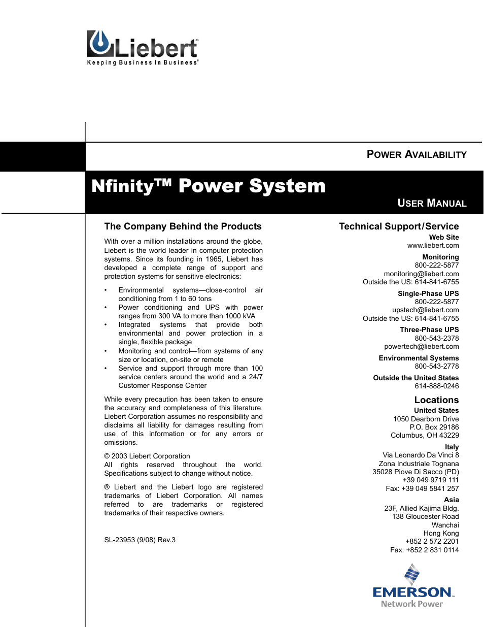 Power system, Nfinity | Emerson Nfinity 208 User Manual | Page 44 / 44