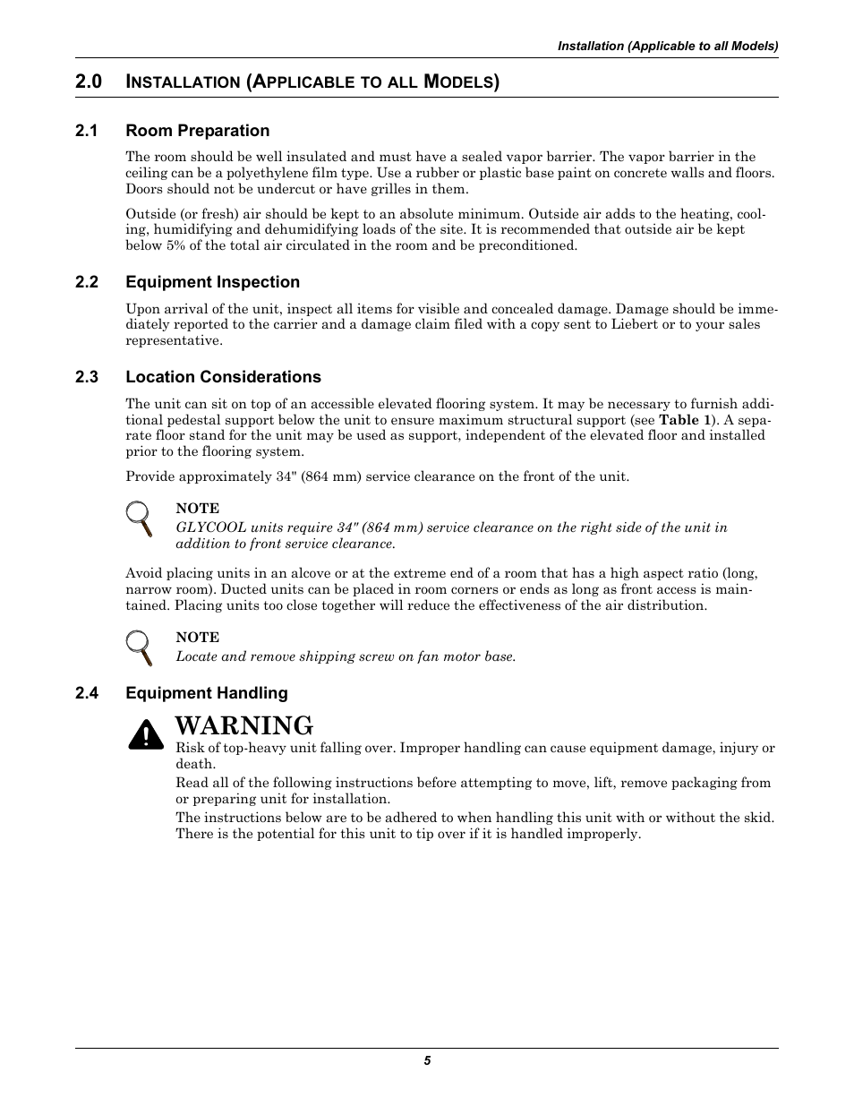 0 installation (applicable to all models), 1 room preparation, 2 equipment inspection | 3 location considerations, 4 equipment handling, Nstallation, Pplicable, Odels, Room preparation, Equipment inspection | Emerson 3000 User Manual | Page 11 / 88