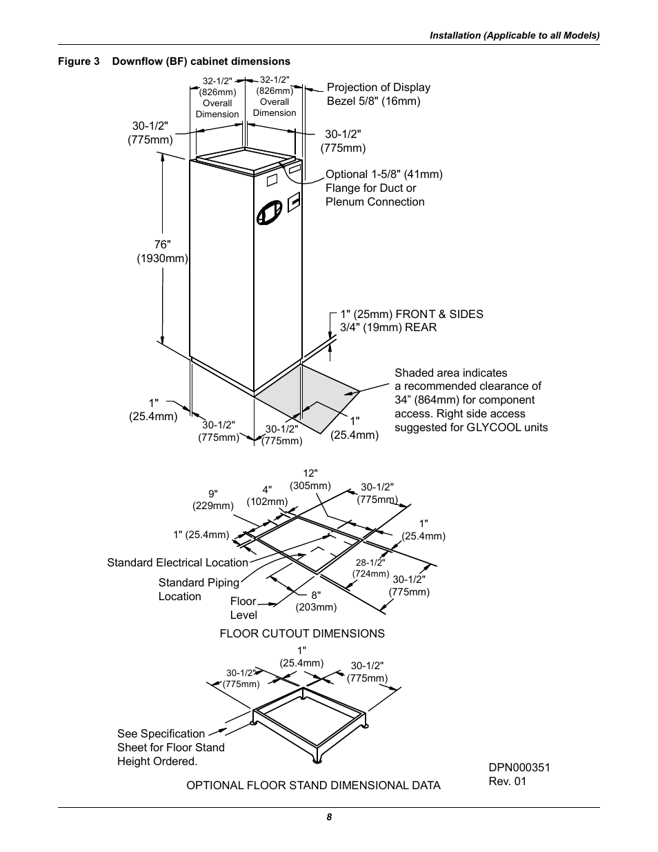 Figure 3 downflow (bf) cabinet dimensions, Figure 3, Downflow (bf) cabinet dimensions | Emerson 3000 User Manual | Page 14 / 88