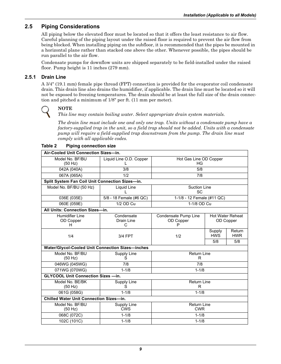 5 piping considerations, 1 drain line, Table 2 piping connection size | Piping considerations, Drain line, Table 2, Piping connection size | Emerson 3000 User Manual | Page 15 / 88