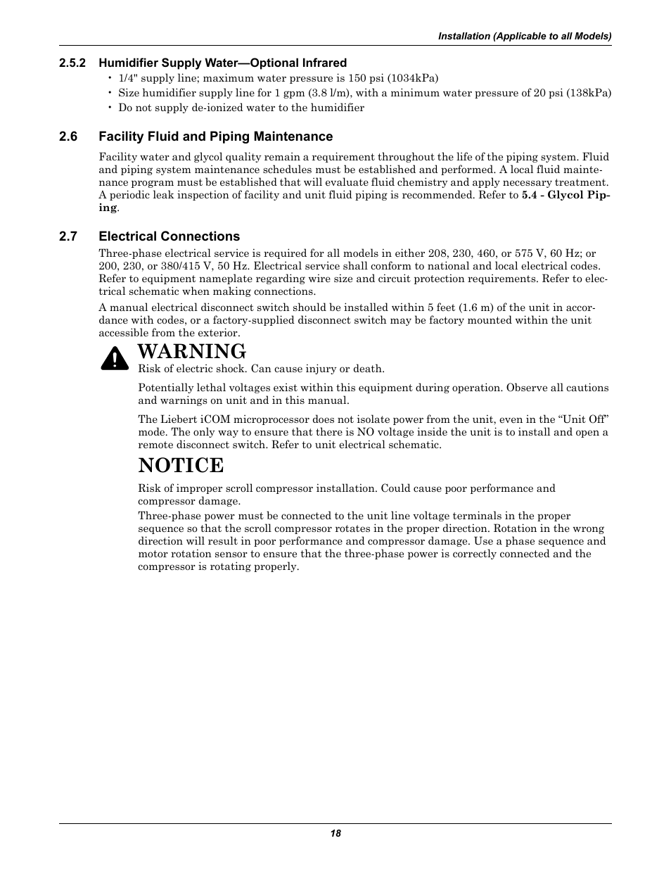 2 humidifier supply water—optional infrared, 6 facility fluid and piping maintenance, 7 electrical connections | Humidifier supply water—optional infrared, Facility fluid and piping maintenance, Electrical connections, Notice, Warning | Emerson 3000 User Manual | Page 24 / 88