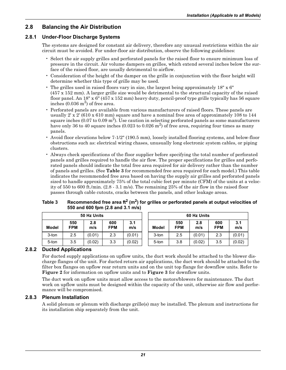 8 balancing the air distribution, 1 under-floor discharge systems, 2 ducted applications | 3 plenum installation, Balancing the air distribution, Under-floor discharge systems, Ducted applications, Plenum installation, Recommended free area ft | Emerson 3000 User Manual | Page 27 / 88