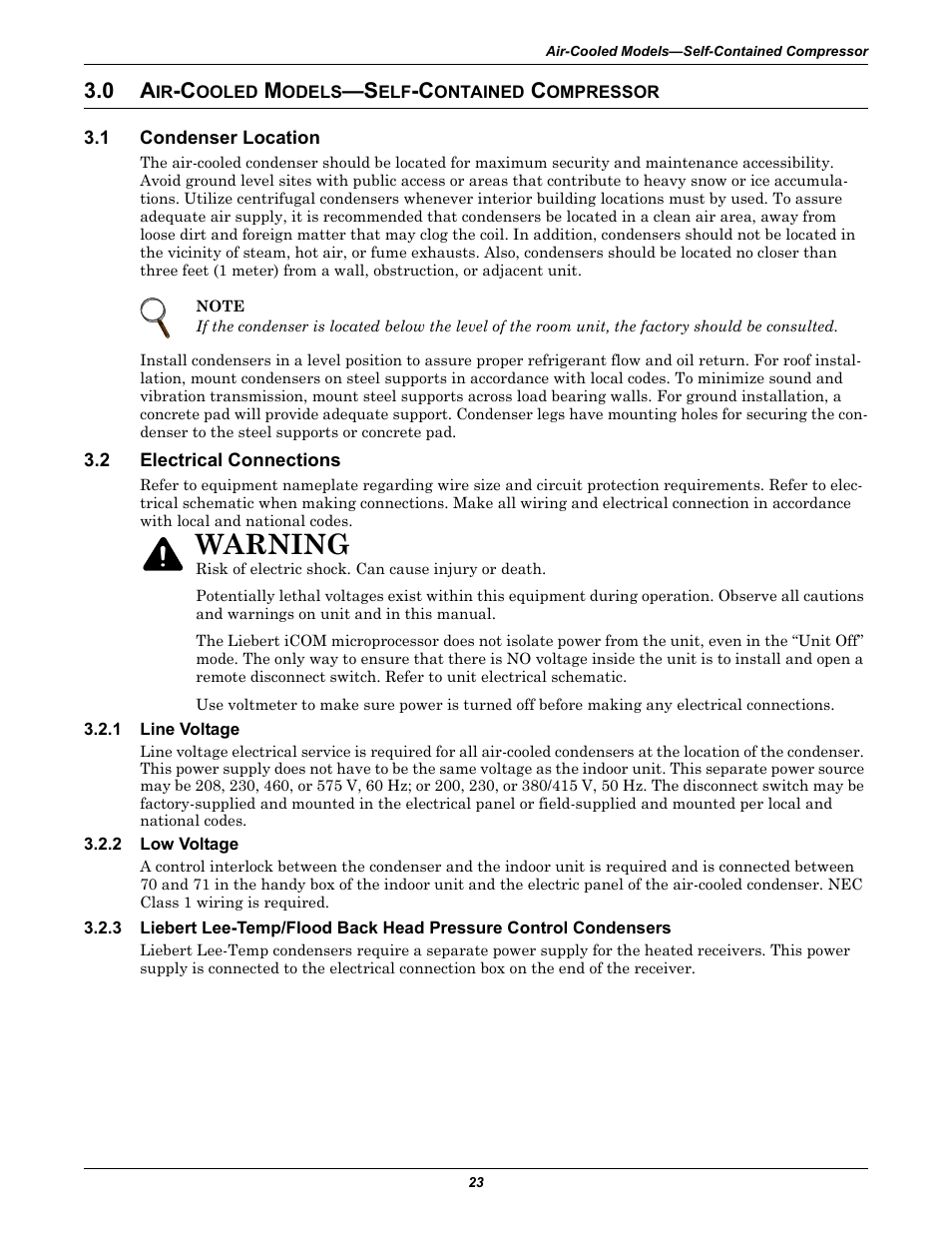 0 air-cooled models—self-contained compressor, 1 condenser location, 2 electrical connections | 1 line voltage, 2 low voltage, Ooled, Odels, Ontained, Ompressor, Condenser location | Emerson 3000 User Manual | Page 29 / 88
