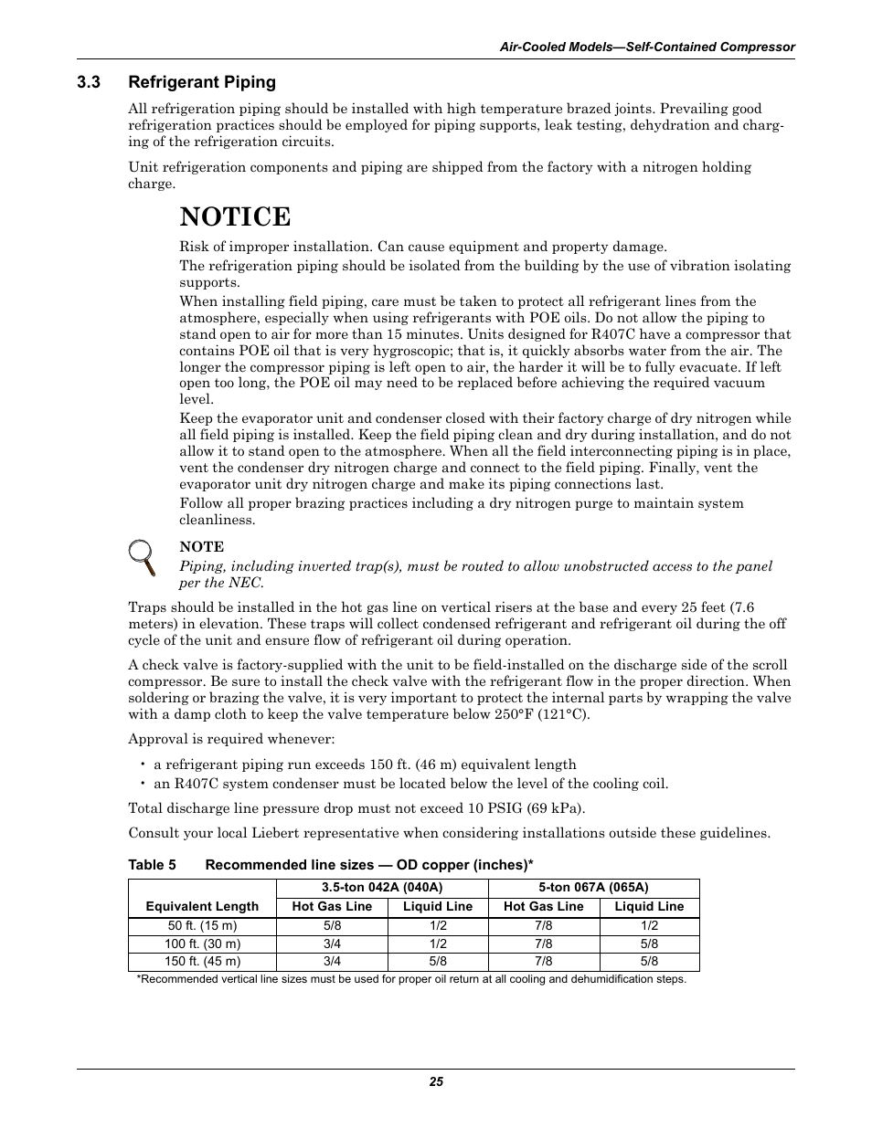 3 refrigerant piping, Refrigerant piping, Table 5 | Recommended line sizes — od copper (inches), Notice | Emerson 3000 User Manual | Page 31 / 88
