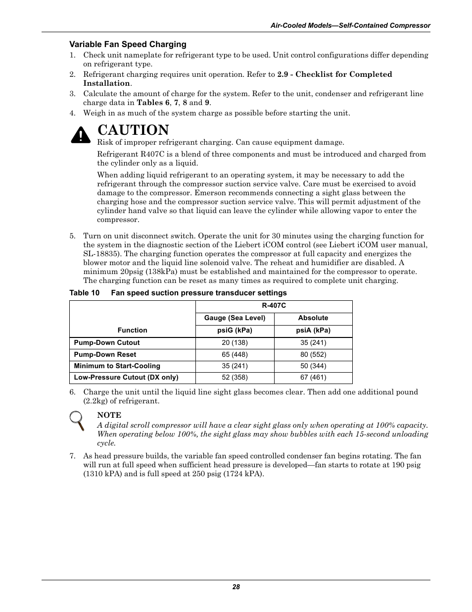 Variable fan speed charging, Table 10, Fan speed suction pressure transducer settings | Caution | Emerson 3000 User Manual | Page 34 / 88