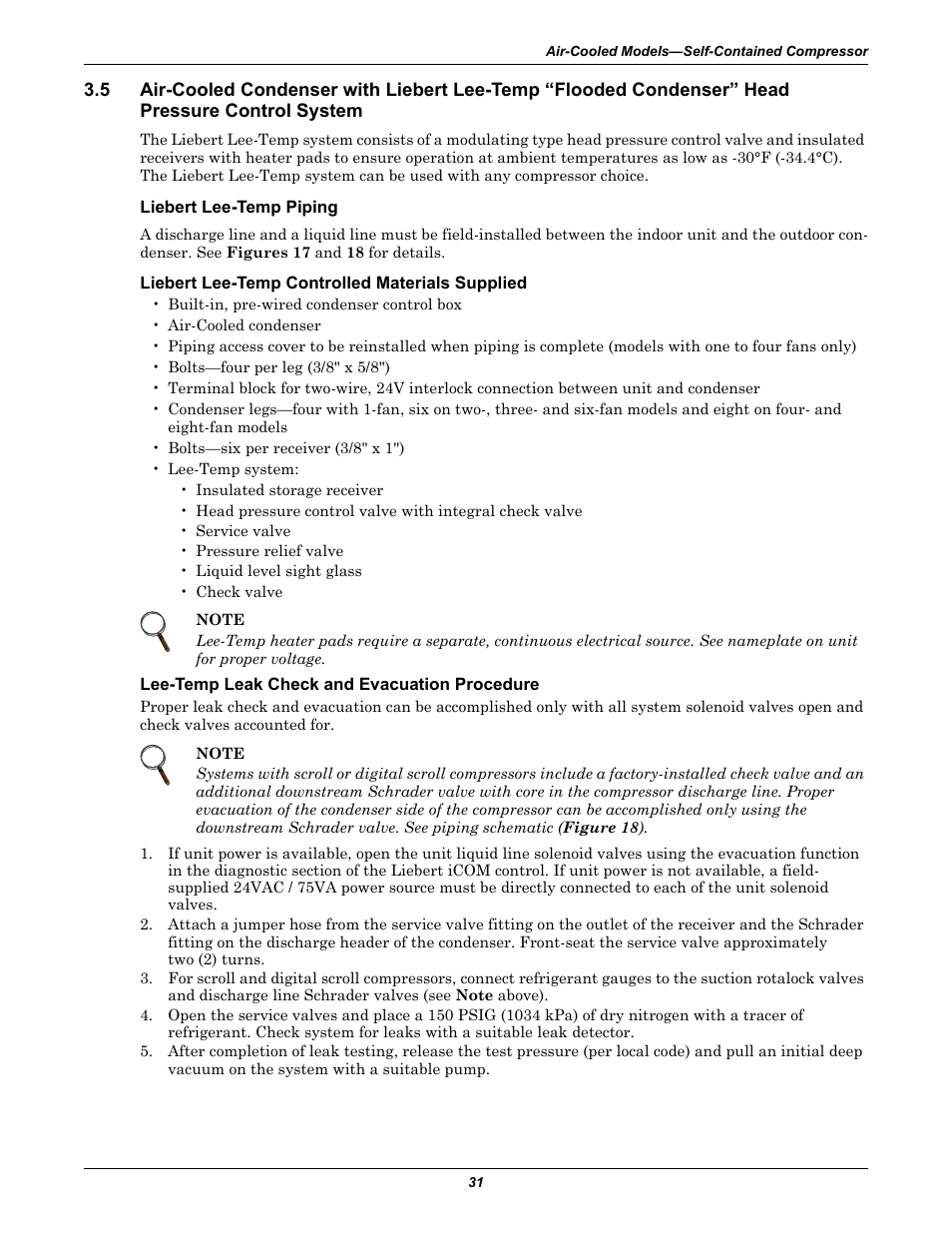 Liebert lee-temp piping, Liebert lee-temp controlled materials supplied, Lee-temp leak check and evacuation procedure | Emerson 3000 User Manual | Page 37 / 88