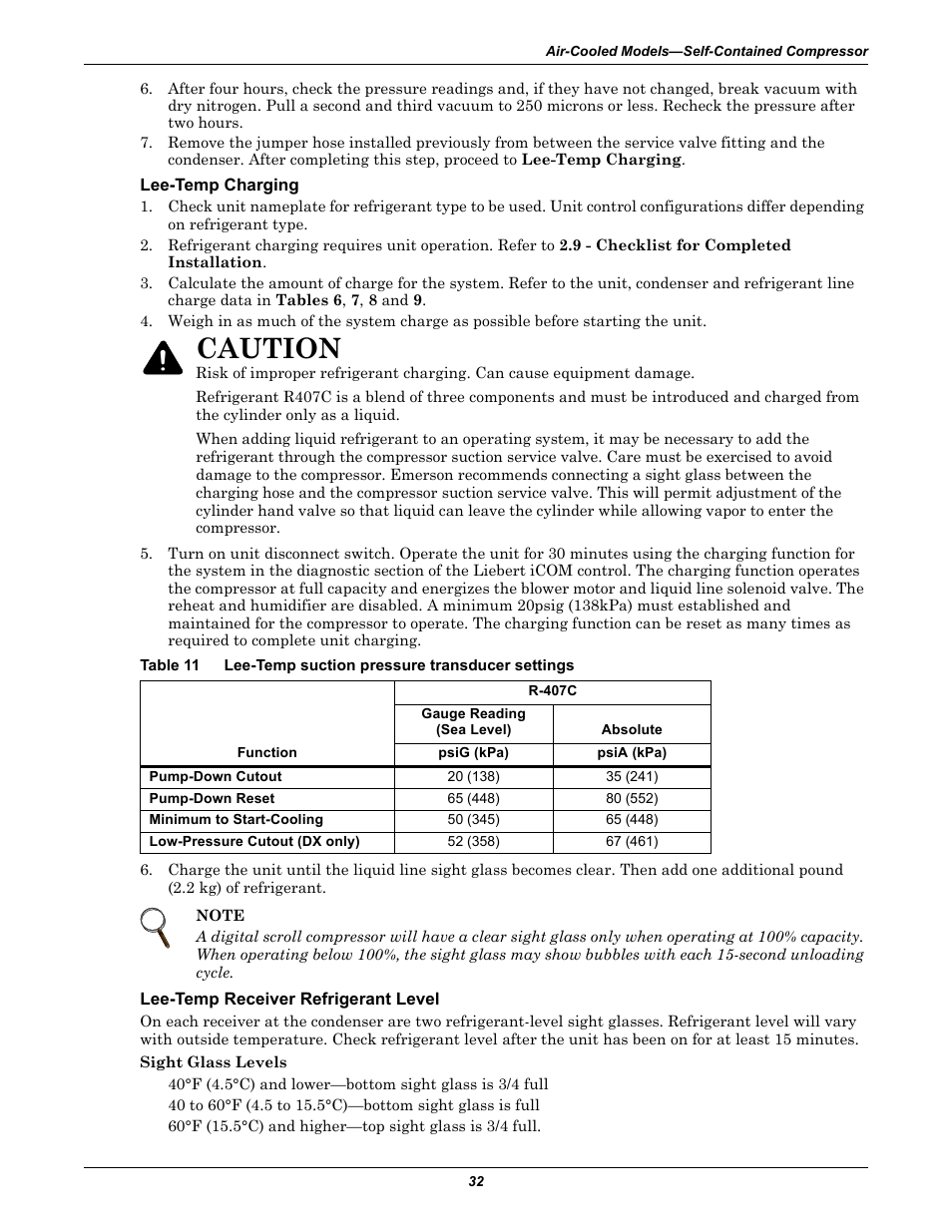 Lee-temp charging, Lee-temp receiver refrigerant level, Table 11 | Lee-temp suction pressure transducer settings, Caution | Emerson 3000 User Manual | Page 38 / 88