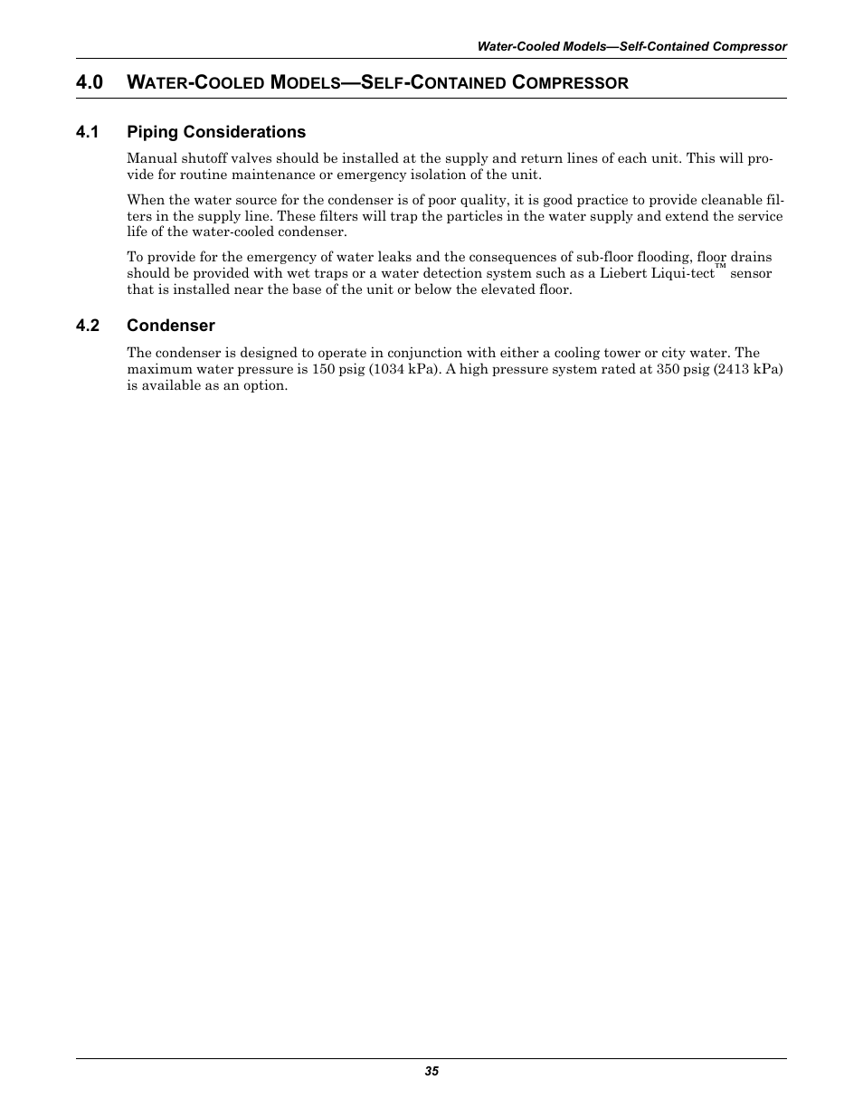 0 water-cooled models—self-contained compressor, 1 piping considerations, 2 condenser | Ater, Ooled, Odels, Ontained, Ompressor, Piping considerations, Condenser | Emerson 3000 User Manual | Page 41 / 88