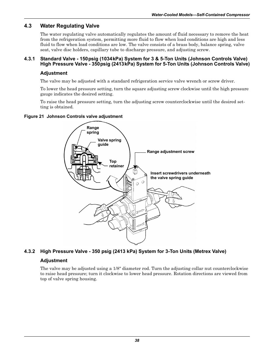 3 water regulating valve, Adjustment, Figure 21 johnson controls valve adjustment | Water regulating valve, Controls valve) | Emerson 3000 User Manual | Page 44 / 88