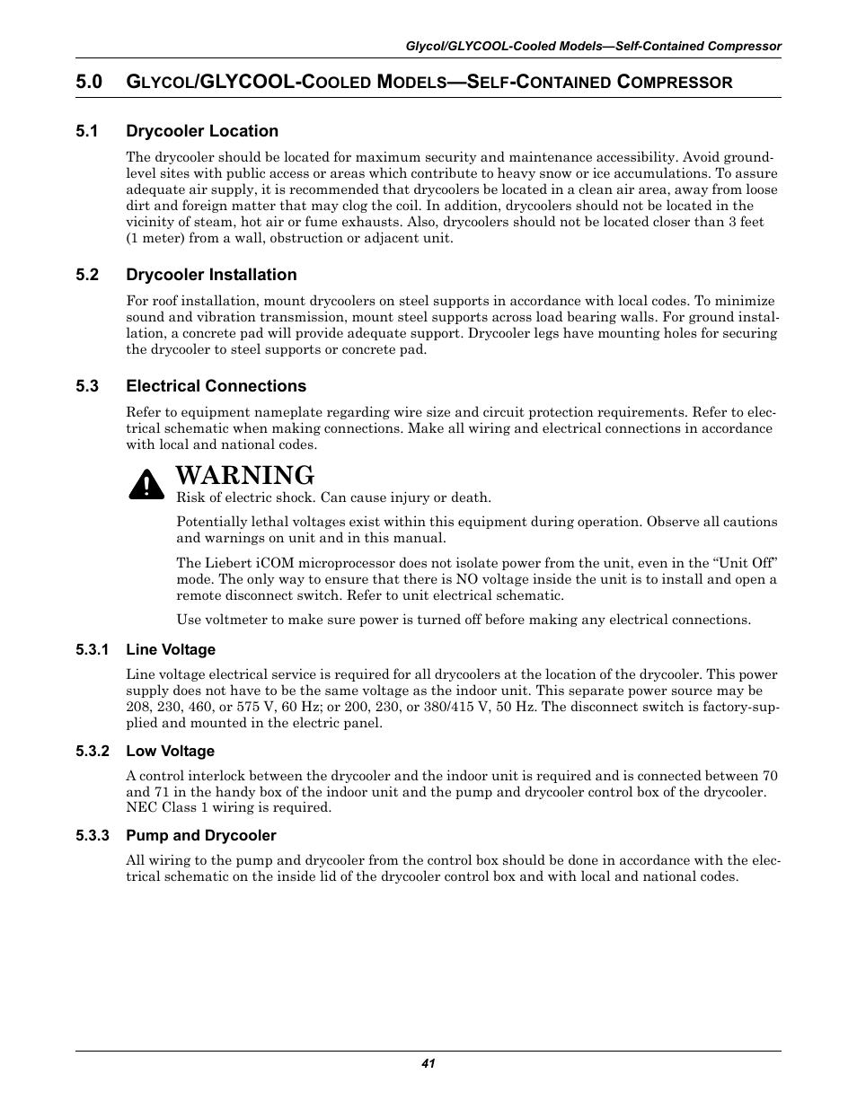 1 drycooler location, 2 drycooler installation, 3 electrical connections | 1 line voltage, 2 low voltage, 3 pump and drycooler, Lycol, Glycool-c, Ooled, Odels | Emerson 3000 User Manual | Page 47 / 88